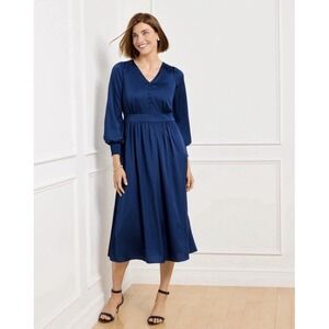 Talbots 16 Shirt Dress Midi Blue Soft Satin Button Front Prairie Modest Cottage